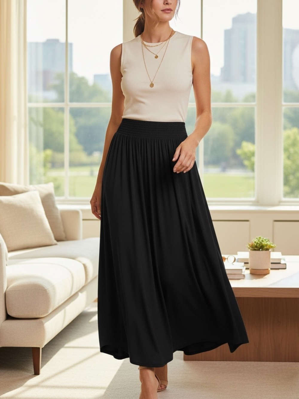 Victoria's Secret Black Smocked-Waist Midi Skirt - Picture 2 of 5